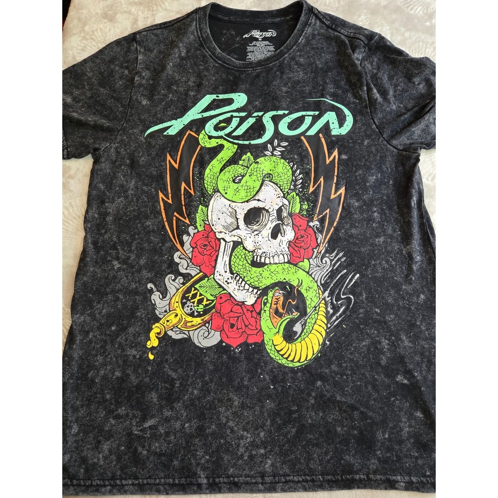 Poison Band Graphic T-Shirt Mens Medium Black Acid Wash Skull Snake Rock Tee